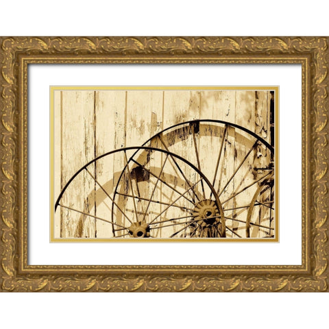 Old wagon wheels against a shed in Buffalo Gap Historic Village, near Abilene, TX - Sepia Gold Ornate Wood Framed Art Print with Double Matting by Highmith, Carol