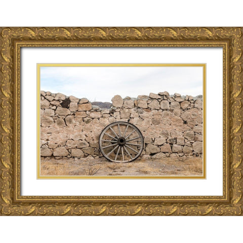 Wagon wheel against a stone fence at Hueco Tanks State Park, northwest of El Paso, TX Gold Ornate Wood Framed Art Print with Double Matting by Highmith, Carol