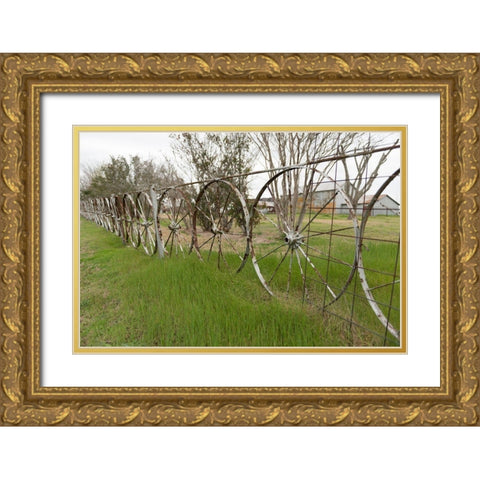 A fence made of wagon wheels near Schulenburg in Fayette County, TX Gold Ornate Wood Framed Art Print with Double Matting by Highmith, Carol
