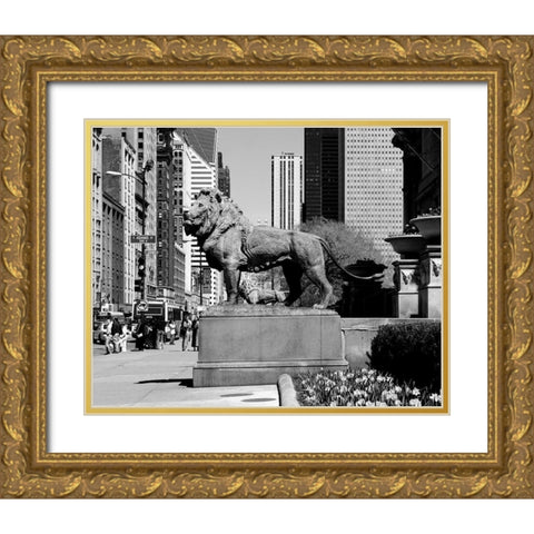 Edward Kemeys guardian lions stand before the Art Institute of Chicago Illinois Gold Ornate Wood Framed Art Print with Double Matting by Highsmith, Carol