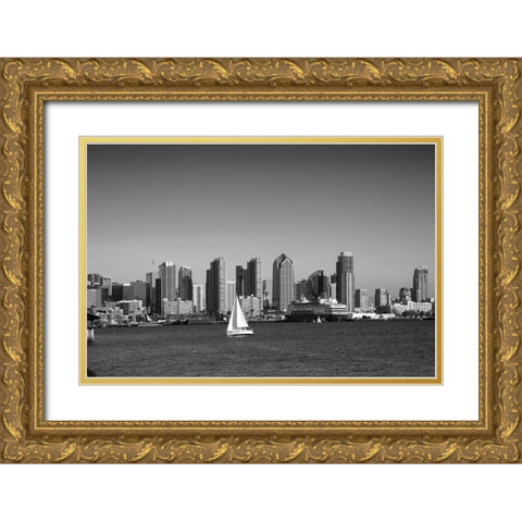 Skyline of San Diego California Black and White Gold Ornate Wood Framed Art Print with Double Matting by Highsmith, Carol
