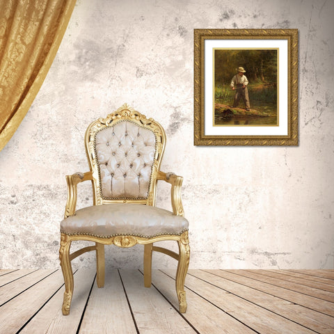 Boy Fishing Gold Ornate Wood Framed Art Print with Double Matting by Johnson, Eastman