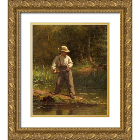 Boy Fishing Gold Ornate Wood Framed Art Print with Double Matting by Johnson, Eastman