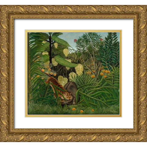 Fight between a Tiger and a Buffalo Gold Ornate Wood Framed Art Print with Double Matting by Rousseau, Henri