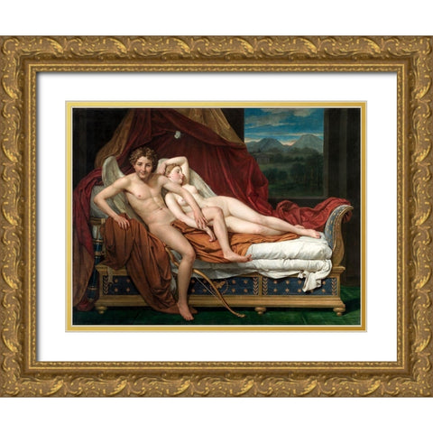 Cupid and Psyche Gold Ornate Wood Framed Art Print with Double Matting by David, Jacques Louis