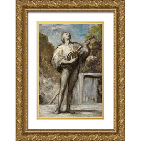 The Troubadour Gold Ornate Wood Framed Art Print with Double Matting by Daumier, Honore