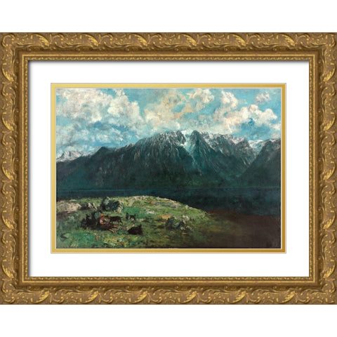 Panoramic View of the Alps, Les Dents du Midi Gold Ornate Wood Framed Art Print with Double Matting by Courbet, Gustave