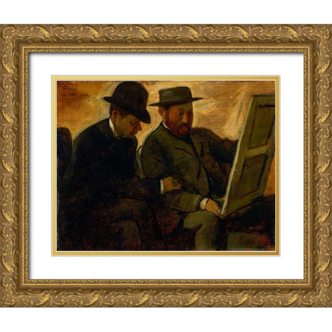 Paul Lafond and Alphonse Cherfils Examining a Painting Gold Ornate Wood Framed Art Print with Double Matting by Degas, Edgar