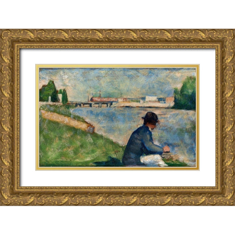 Study for Bathers at Asnieres Gold Ornate Wood Framed Art Print with Double Matting by Seurat, Georges