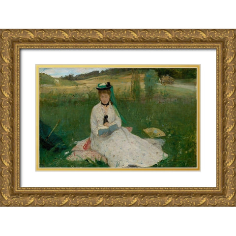 Reading Gold Ornate Wood Framed Art Print with Double Matting by Morisot, Berthe