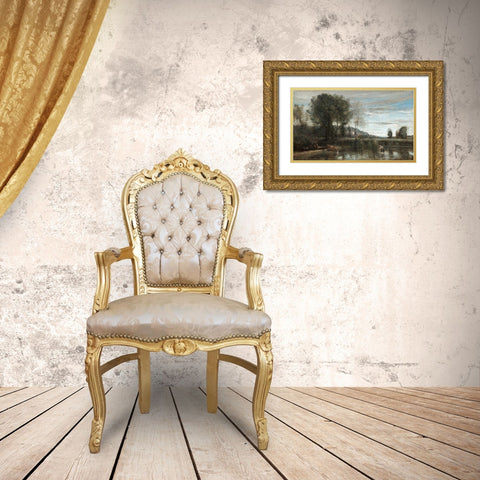 Pond at Ville-dAvray Gold Ornate Wood Framed Art Print with Double Matting by Corot, Jean Baptiste Camille