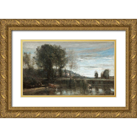 Pond at Ville-dAvray Gold Ornate Wood Framed Art Print with Double Matting by Corot, Jean Baptiste Camille