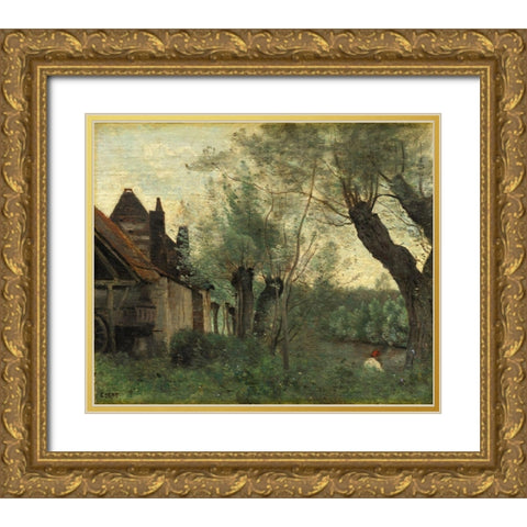 Willows and Farmhouse at Sainte-Catherine-les-Arras Gold Ornate Wood Framed Art Print with Double Matting by Corot, Jean Baptiste Camille