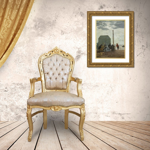 The Beach at Deauville Gold Ornate Wood Framed Art Print with Double Matting by Boudin, Eugene
