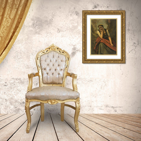 Woman Meditating Gold Ornate Wood Framed Art Print with Double Matting by Corot, Jean Baptiste Camille