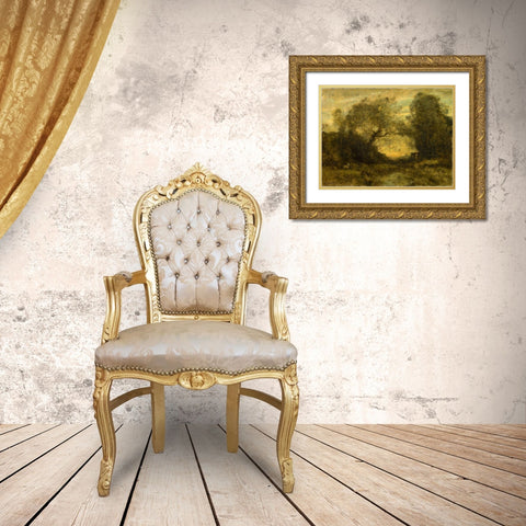 The Pond at the Entrance of the Woods Gold Ornate Wood Framed Art Print with Double Matting by Corot, Jean Baptiste Camille
