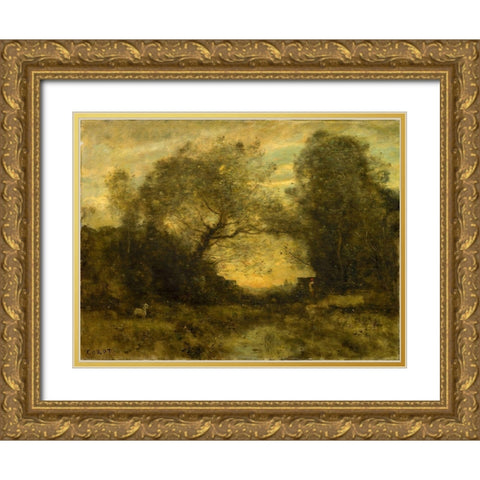 The Pond at the Entrance of the Woods Gold Ornate Wood Framed Art Print with Double Matting by Corot, Jean Baptiste Camille