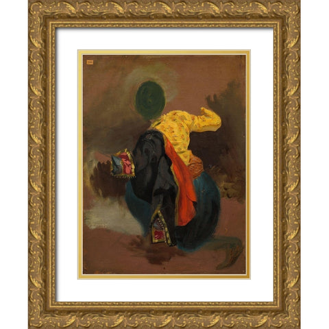 Figure in Turkish Costume Gold Ornate Wood Framed Art Print with Double Matting by Delacroix, Eugene