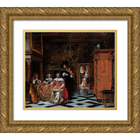 Portrait of a Family Playing Music Gold Ornate Wood Framed Art Print with Double Matting by Hooch, Pieter de