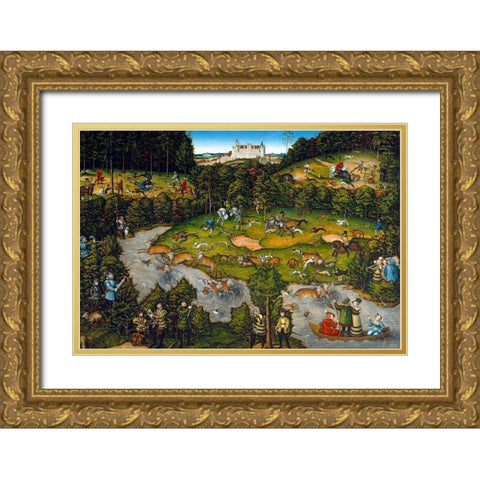 Hunting near Hartenfels Castle Gold Ornate Wood Framed Art Print with Double Matting by Cranach, Lucas