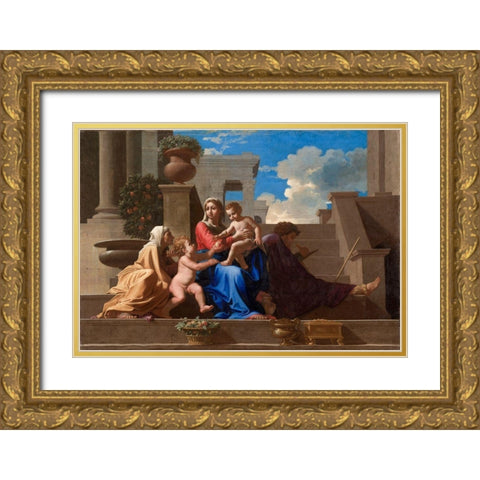 The Holy Family on the Steps Gold Ornate Wood Framed Art Print with Double Matting by Poussin, Nicolas
