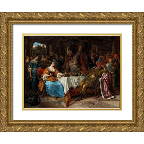 Esther, Ahasuerus, and Haman Gold Ornate Wood Framed Art Print with Double Matting by Steen, Jan