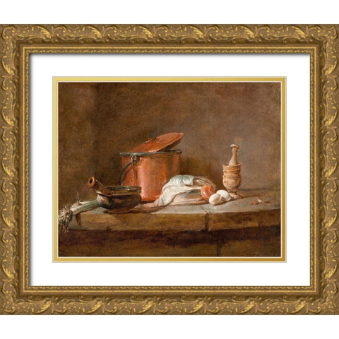 Kitchen Utensils with Leeks, Fish, and Eggs Gold Ornate Wood Framed Art Print with Double Matting by Chardin, Jean-Simeon