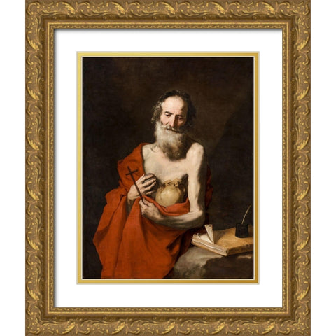 Saint Jerome Gold Ornate Wood Framed Art Print with Double Matting by Ribera, Jusepe de