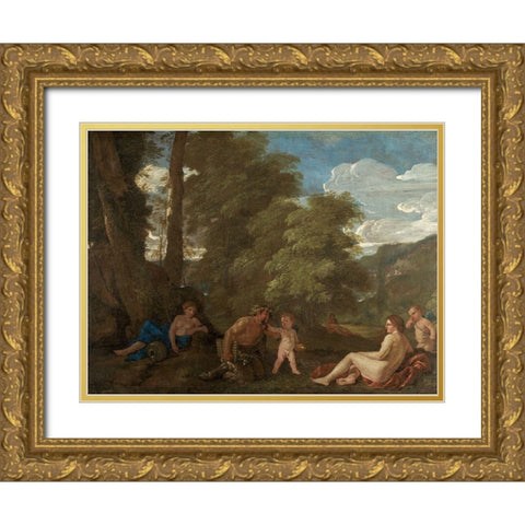 Nymphs and a Satyr Gold Ornate Wood Framed Art Print with Double Matting by Poussin, Nicolas