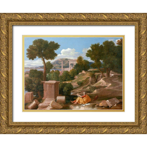 Landscape with Saint John on Patmos 1640 Gold Ornate Wood Framed Art Print with Double Matting by Poussin, Nicolas