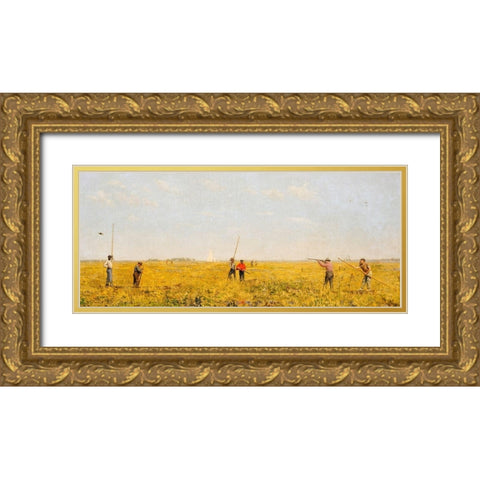 Pushing for Rail Gold Ornate Wood Framed Art Print with Double Matting by Eakins, Thomas