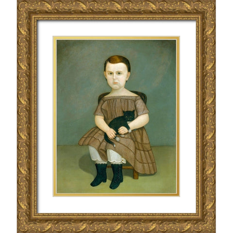 Martha Bartlett with Kitten Gold Ornate Wood Framed Art Print with Double Matting by American 1860