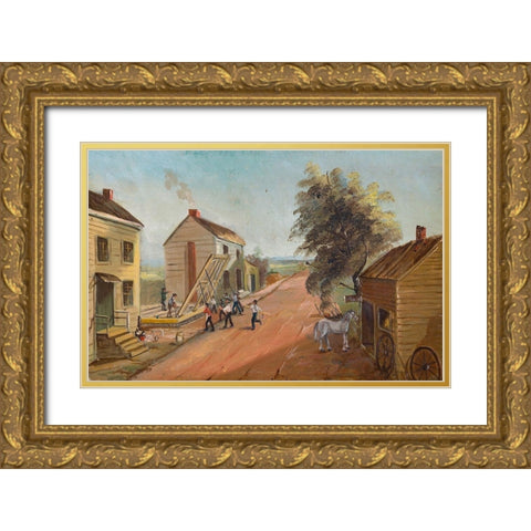 House Raising Gold Ornate Wood Framed Art Print with Double Matting by Chappel, William P.