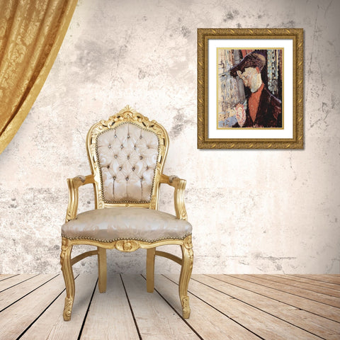 Portrait of Frank Burty Haviland Gold Ornate Wood Framed Art Print with Double Matting by Modigliani, Amedeo