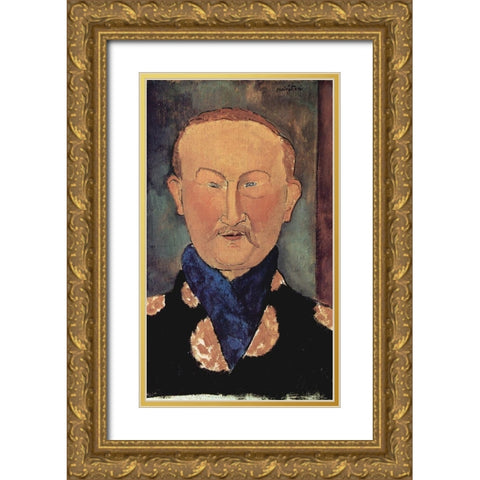 Man with blue scarf Gold Ornate Wood Framed Art Print with Double Matting by Modigliani, Amedeo