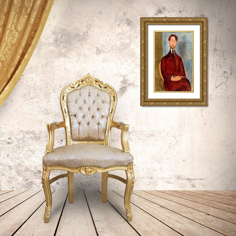 Portrait of Leopold Zborowski in red suit Gold Ornate Wood Framed Art Print with Double Matting by Modigliani, Amedeo