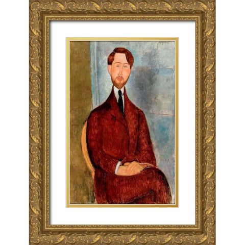Portrait of Leopold Zborowski in red suit Gold Ornate Wood Framed Art Print with Double Matting by Modigliani, Amedeo