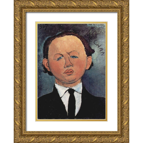 Portrait of Mechan Gold Ornate Wood Framed Art Print with Double Matting by Modigliani, Amedeo