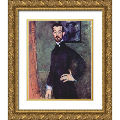 Portrait of Paul Alexander standing Gold Ornate Wood Framed Art Print with Double Matting by Modigliani, Amedeo