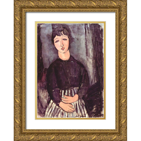 Seated girl in striped skirt Gold Ornate Wood Framed Art Print with Double Matting by Modigliani, Amedeo