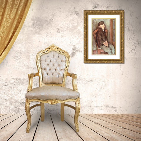 Seated boy in hat Gold Ornate Wood Framed Art Print with Double Matting by Modigliani, Amedeo