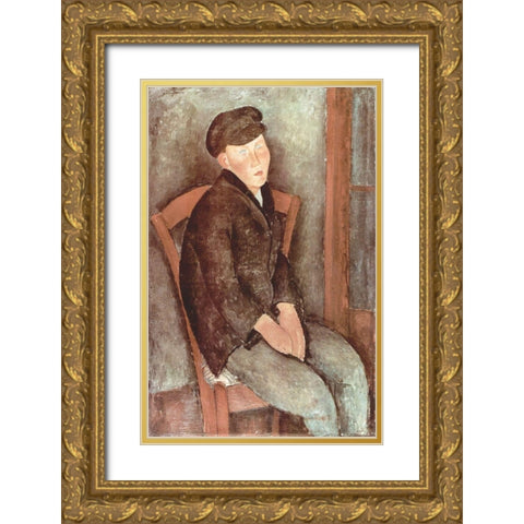 Seated boy in hat Gold Ornate Wood Framed Art Print with Double Matting by Modigliani, Amedeo