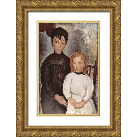Seated Children Gold Ornate Wood Framed Art Print with Double Matting by Modigliani, Amedeo