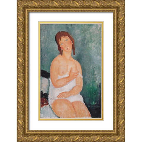 Junge Frau im Hemd Gold Ornate Wood Framed Art Print with Double Matting by Modigliani, Amedeo