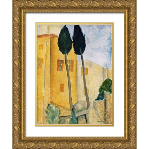 Cypress Trees and Houses, Midday Landscape 1919 Gold Ornate Wood Framed Art Print with Double Matting by Modigliani, Amedeo