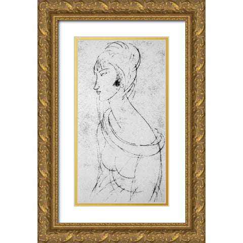 Sketch of Jeanne Gold Ornate Wood Framed Art Print with Double Matting by Modigliani, Amedeo