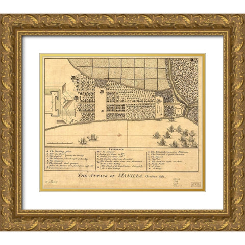 Attack on Manila Gold Ornate Wood Framed Art Print with Double Matting by Vintage Maps