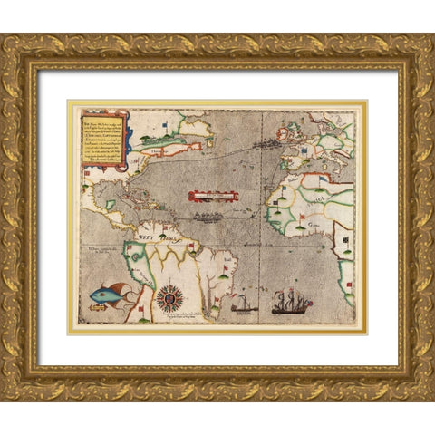 Sir Francis Drake in Santa Domingo 1589 Gold Ornate Wood Framed Art Print with Double Matting by Vintage Maps