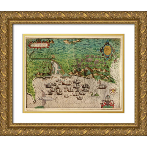 Voyages of Sir Francis Drake 1589 Gold Ornate Wood Framed Art Print with Double Matting by Vintage Maps