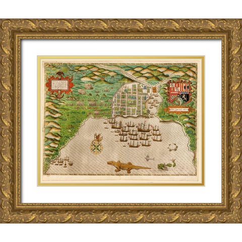 Voyages of Sir Francis Drake 1589 Gold Ornate Wood Framed Art Print with Double Matting by Vintage Maps
